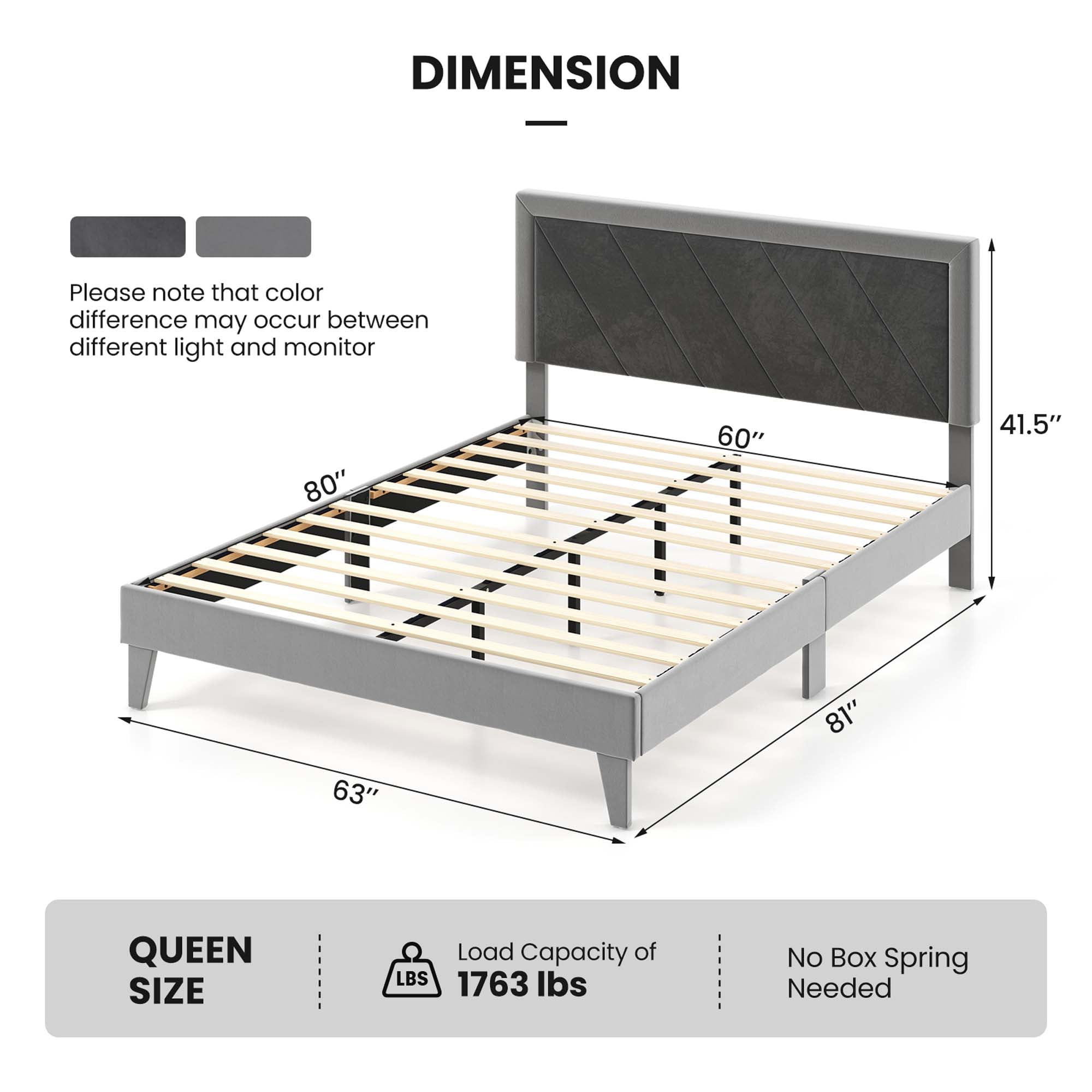 Costway Queen Size Bed Frame Upholstered Platform Velvet Headboard Wooden Slats Gray