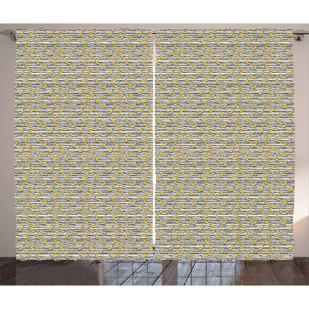 Hipster Curtains 2 Panels Set, Hand Drawn Style Exotic Bananas on a Black and White Striped Background, Window Drapes for Living Room Bedroom, 108W X 96L Inches, Yellow Black and White, by Ambesonne