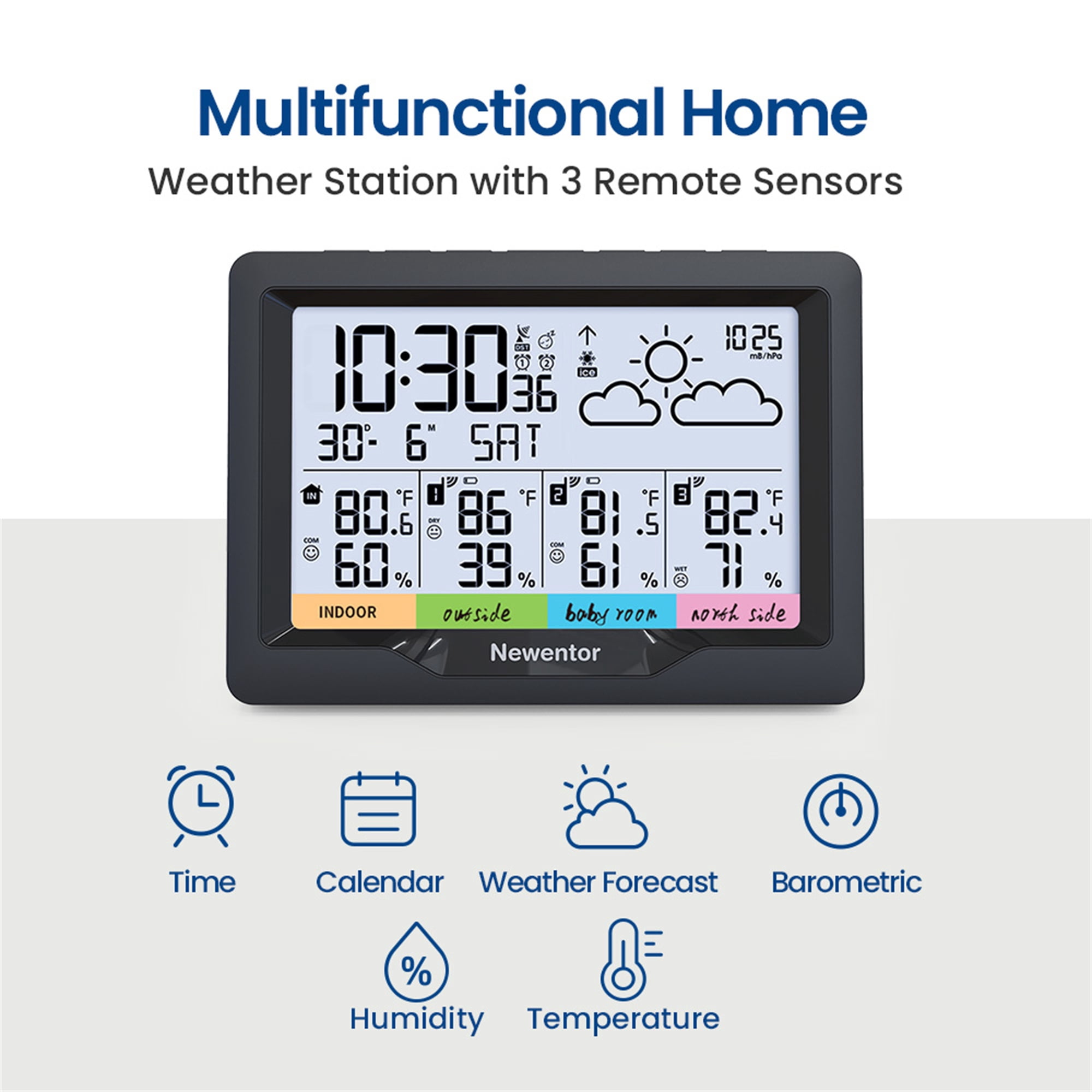 Newentor 6" Digital Display Weather Station for Home with 3 Outdoor Sensors, Indoor Outdoor Thermometer, Black