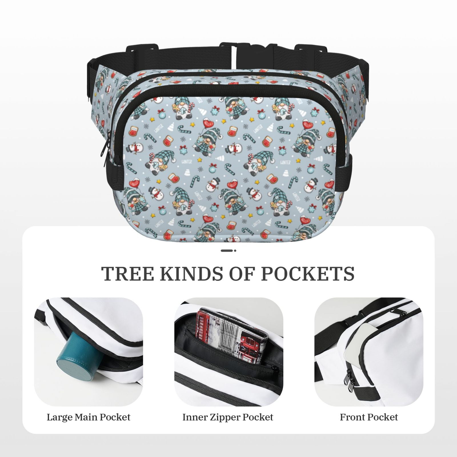 Picia Winter Gnome And Snowman Print Square Double-Layer Waist Bag Mini Adjustable Waist Belt Bag Exercise Running Travel Hiking