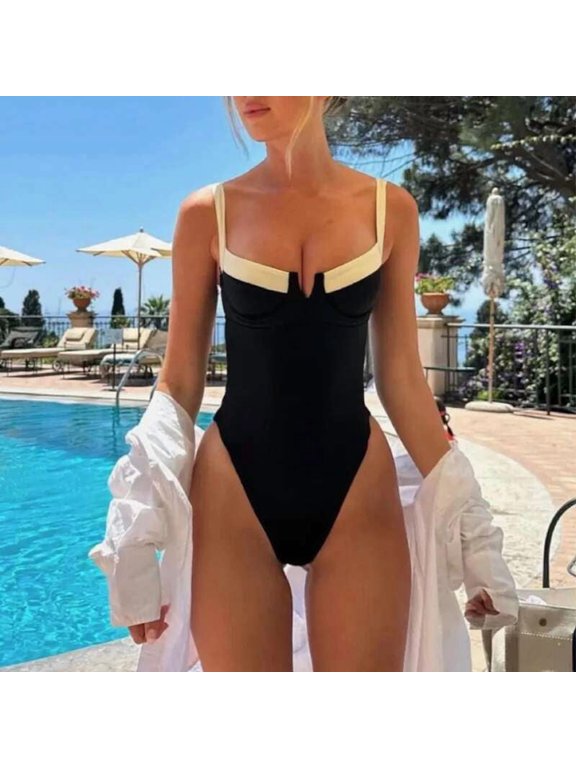 Sexy Black and White Stripes U-Neck Monokini for Women