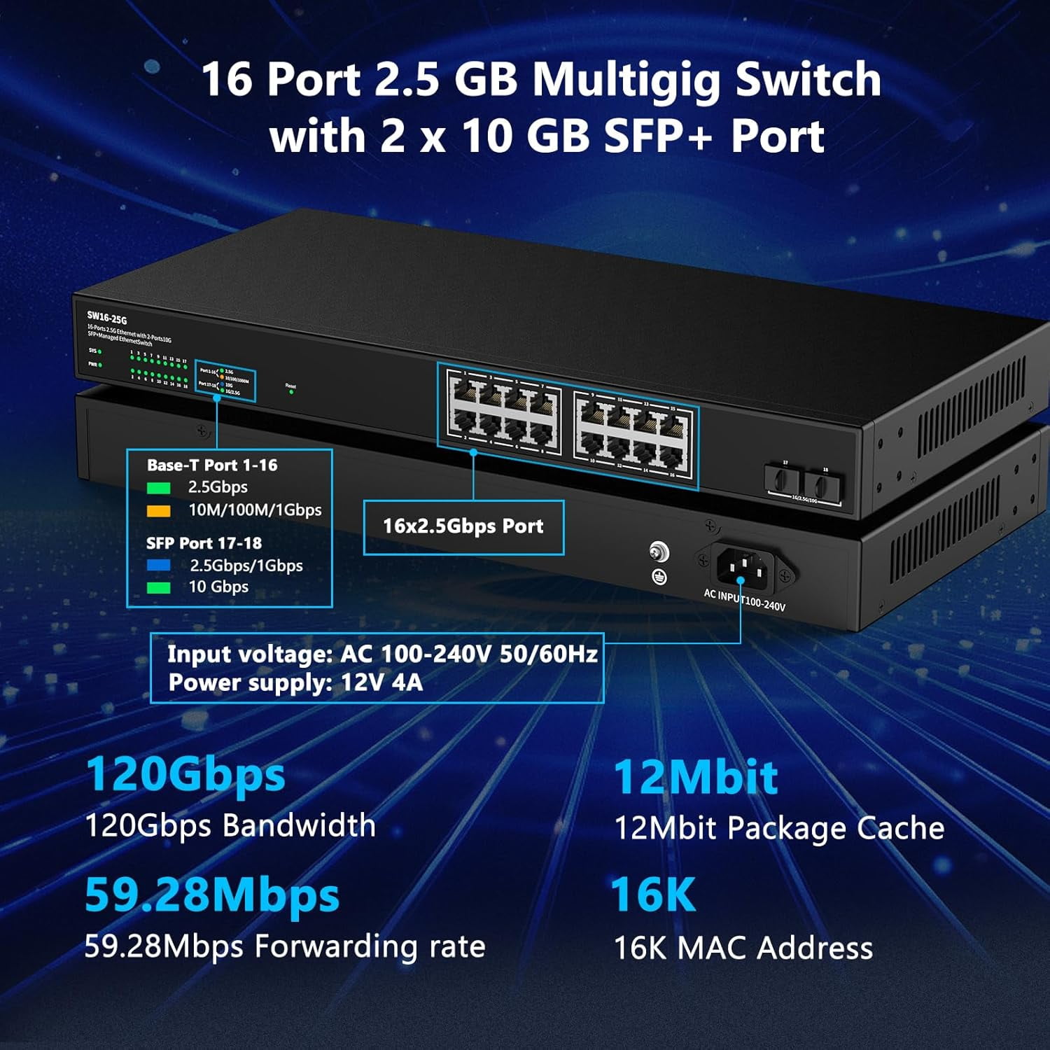 16 Port 2.5Gb Web Unmanaged Ethernet Network Switch with 16 x 2.5G Base-T Port | 2 x 10G SFP+ | Work with 10-100-1000Mbps | 120G Bandwidth | Fanless Quiet | Rack Mount | Sturdy Metal Casing