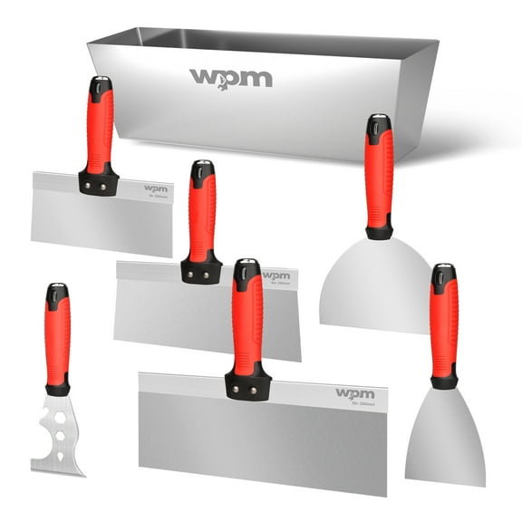 WPM 7 Pcs Drywall Tools Kit, 2pcs Putty Knife Set, 3pcs Taping Knife, Stainless Steel Painter Scraper & 12" Mud Pan Sheetrock Tool Drywall Knife for Joint Taping, Finishing, Patching