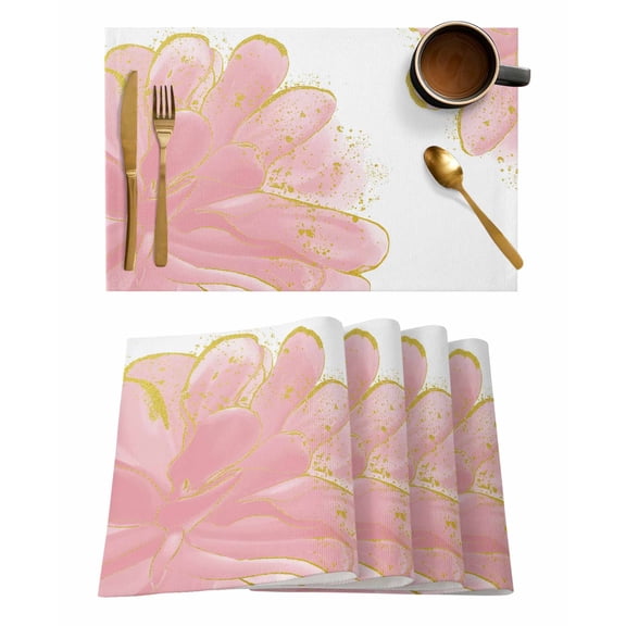 Placemats Set of 4, Pink Gold Woven Placemat, Linen Place Mats for Kitchen/Dining Tables, Boho Modern Abstract Minimalist Aesthetic Flower Washable Table Mats for Party