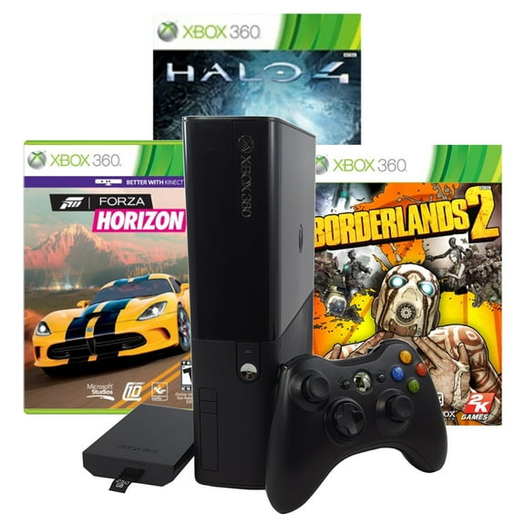 Restored Microsoft Xbox 360 E 250GB Borderlands 2, Halo 4, and Forza Horizon bundle (Refurbished)