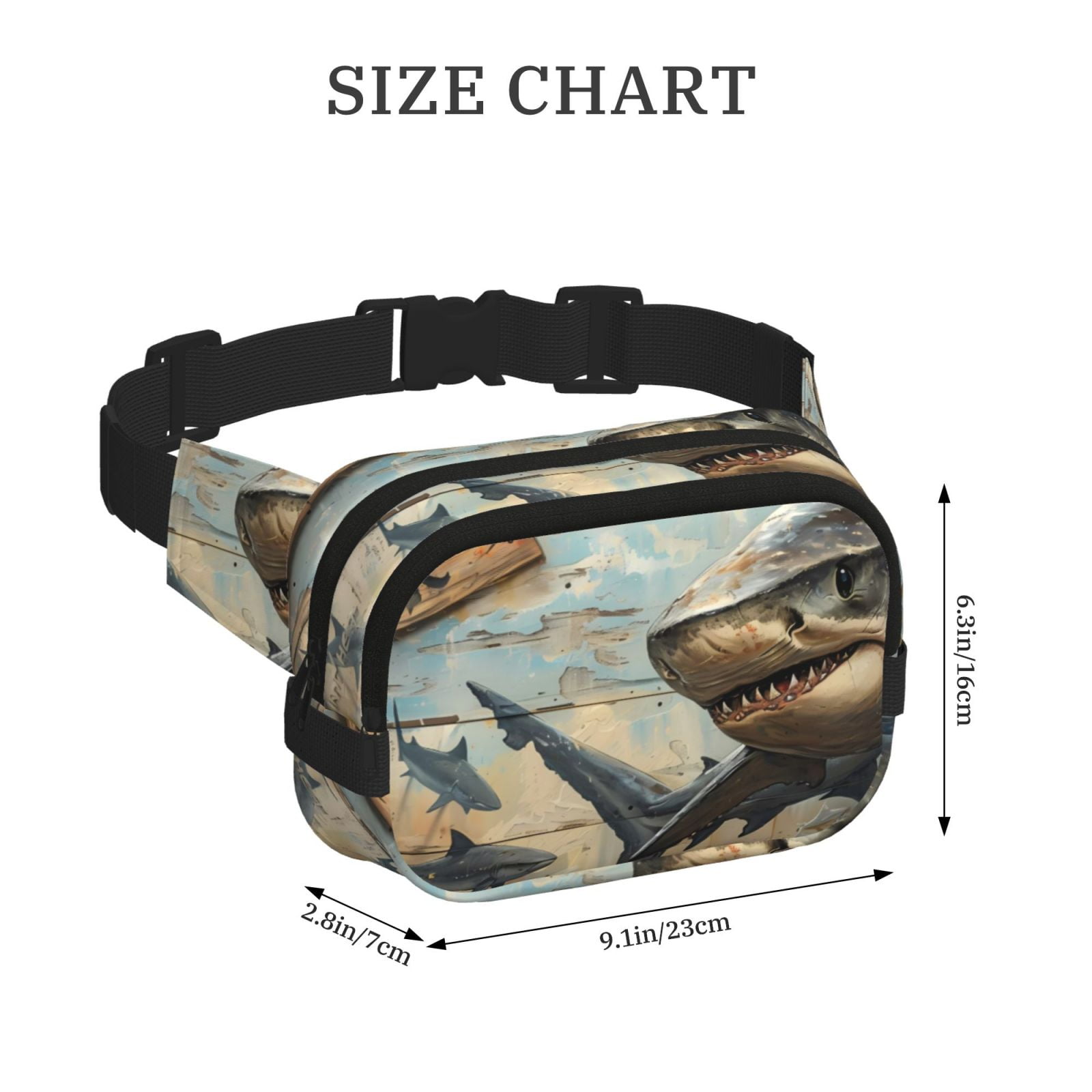 Picia Wood Grain Shark Print Square Double-Layer Waist Bag Mini Adjustable Waist Belt Bag Exercise Running Travel Hiking