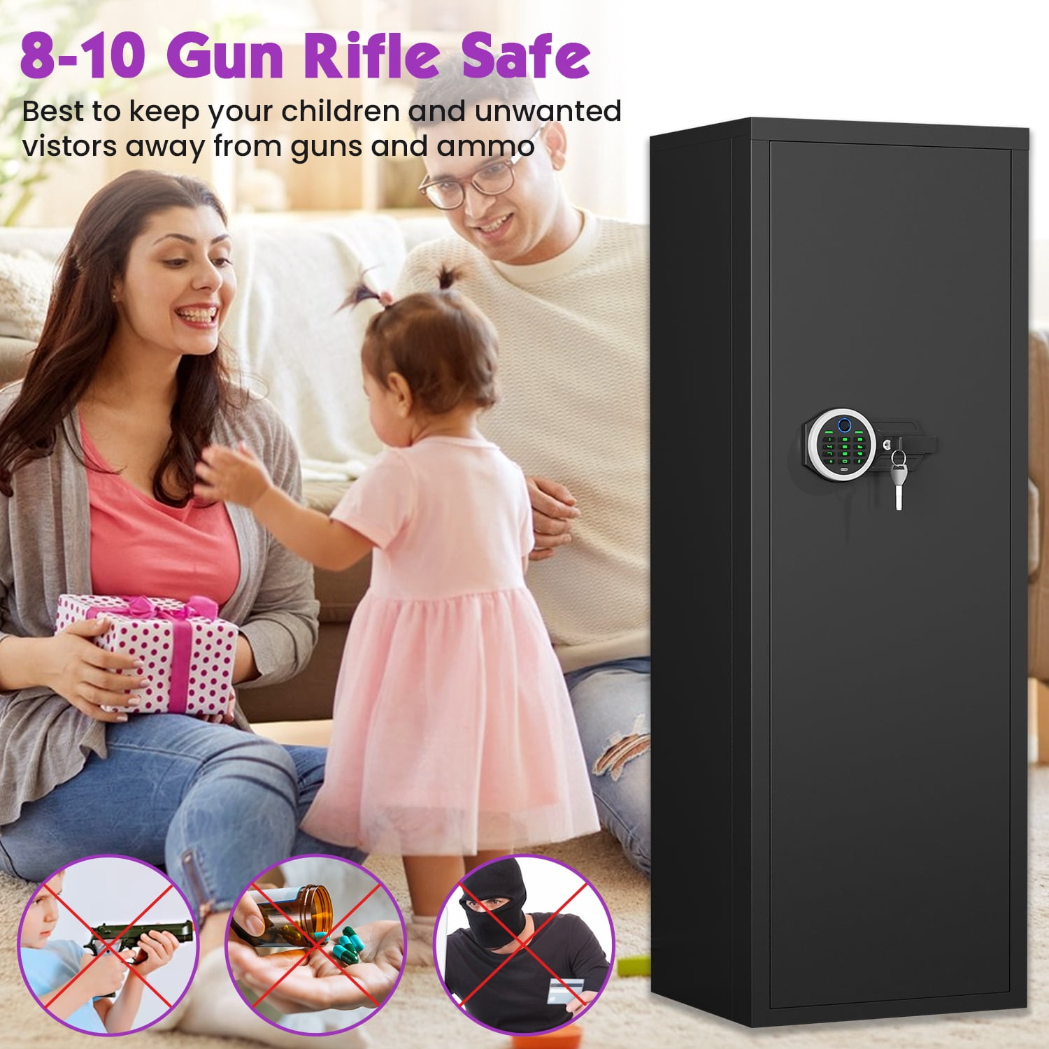 7-8 Unassmabled Gun Safe for Pistols,Biological Fingerprint Large Gun Safe with Adjustable Gun Rack, Gun Cabinet with Shelves for Home and Office