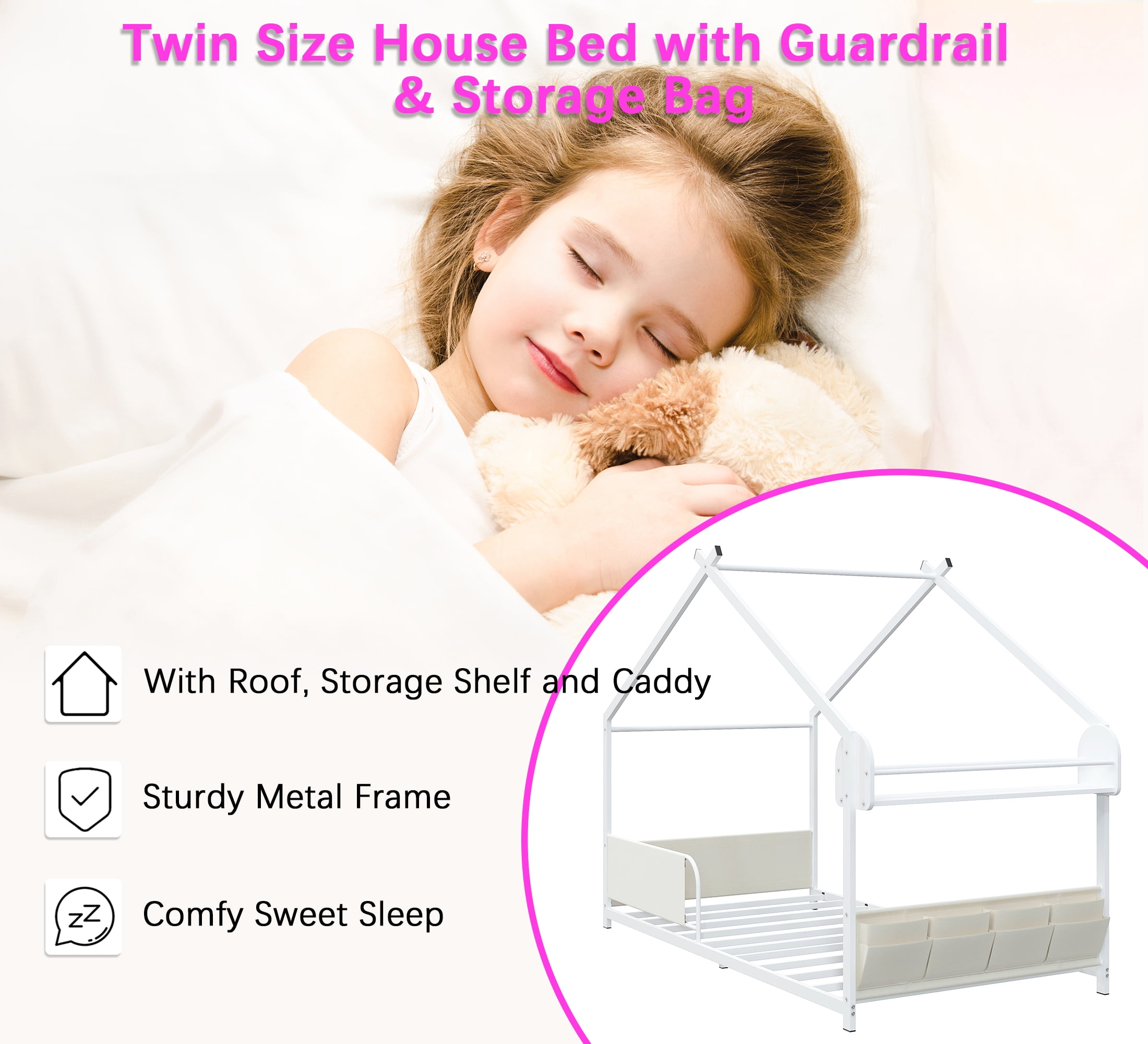 Yoneston Twin Floor Bed with Storage Caddy & Shelf,  House Bed Frame with Fence, Montessori Floor Bed for Kids, Boys and Girls, White