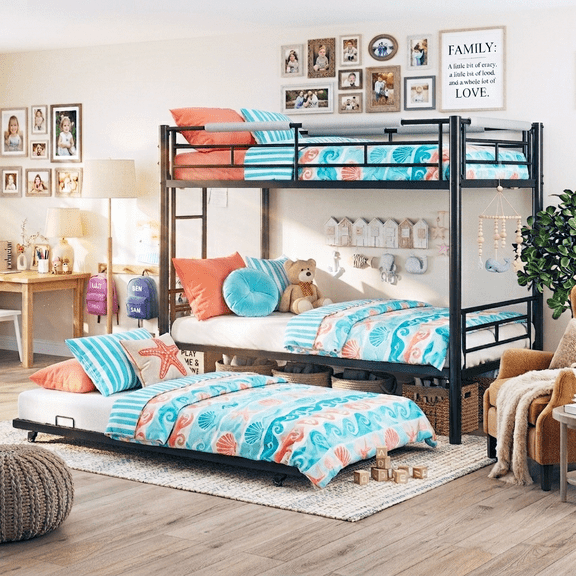 Netrum Twin over Twin Bunk Bed with Trundle,Twin Bunk beds with Ladder & Guardrail,Triple Metal Bunk Beds Frame with Bottom Storage Space for Adults Bedroom,Dorm,Guest Room,Black