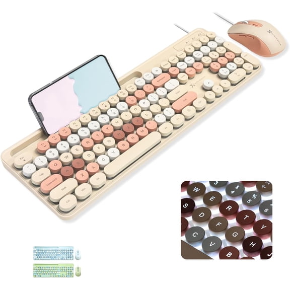 X9 Wired Keyboard and Mouse Combo - Backlit Keyboard with Round Keycaps, 109 Silent Fullsize Keys with Phone/Tablet Dock, Backlit Pastel Colorful Keyboard for Laptop, PC, Chrome - Brown