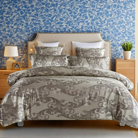 Artistic Scroll Jacquard 3-Piece Set|Full Size – Satin Polyester, Classical Aesthetic for Double Bedroom Décor (1 Duvet Cover 2 Pillowcases)