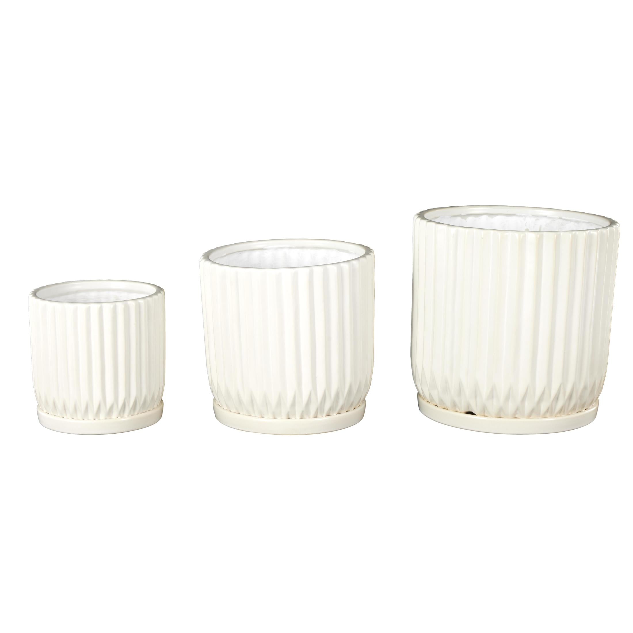 DecMode 8",7",5"H Ribbed White Ceramic Planter with Attached Saucer (3 Count)