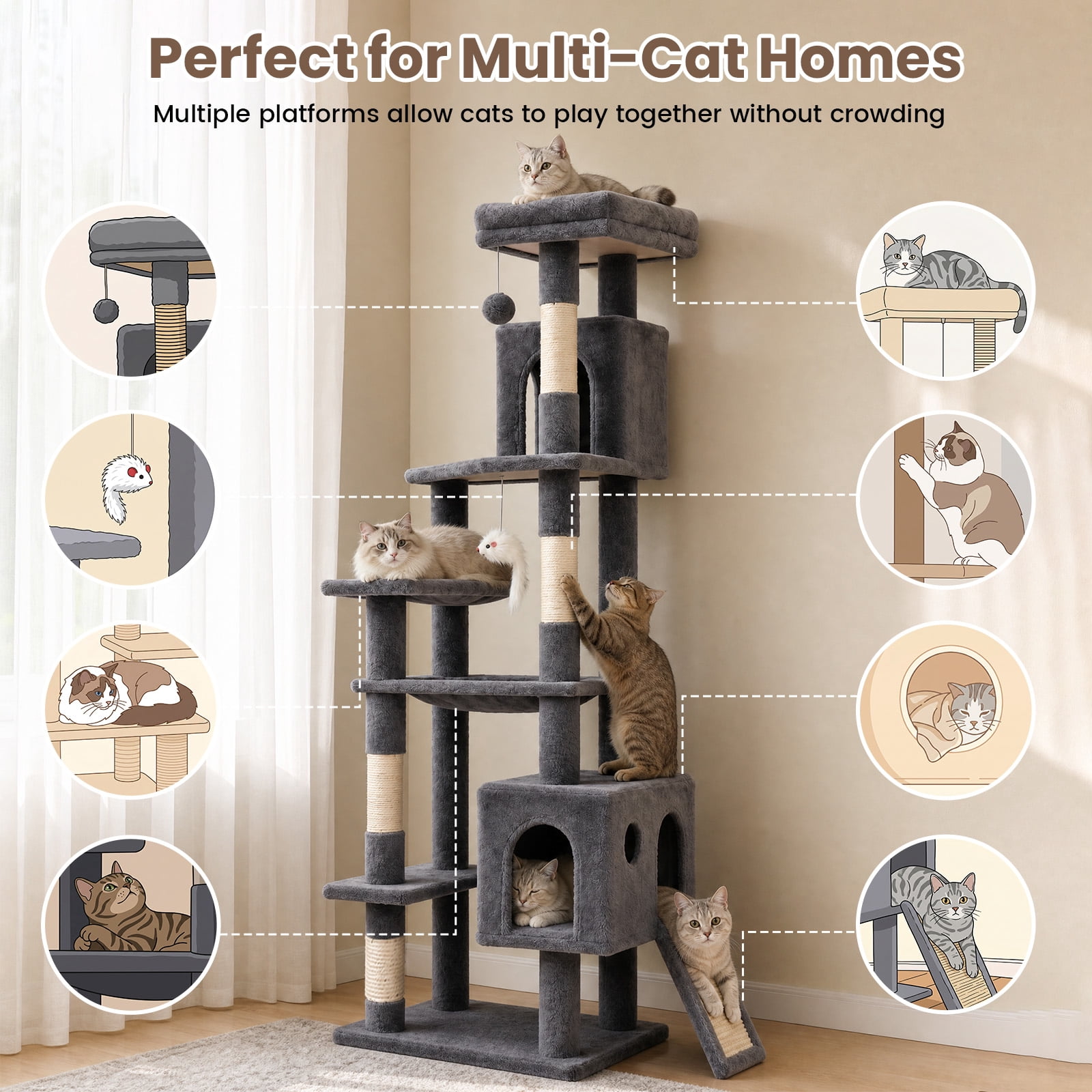 70" Cat Tree Tower, Heavy Duty Cat Tower for Multiple Adult Cats, Multi-Level Tall Cat Tree with 2 Condos, Hammock and Scratching Post for Indoor Kitties, Light Grey