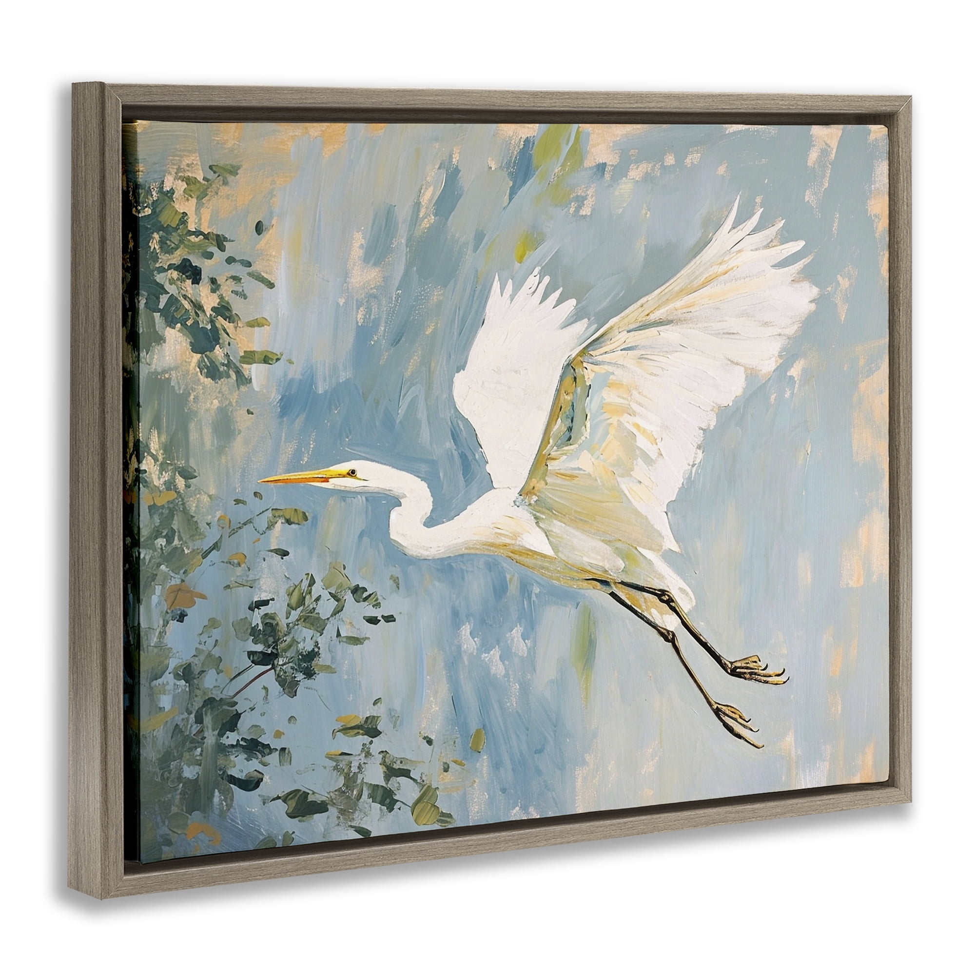 Stupell Industries White Heron in Flight Animals & Insects Painting Brown Floater Framed Canvas Art Print Wall Art, 21 x 17
