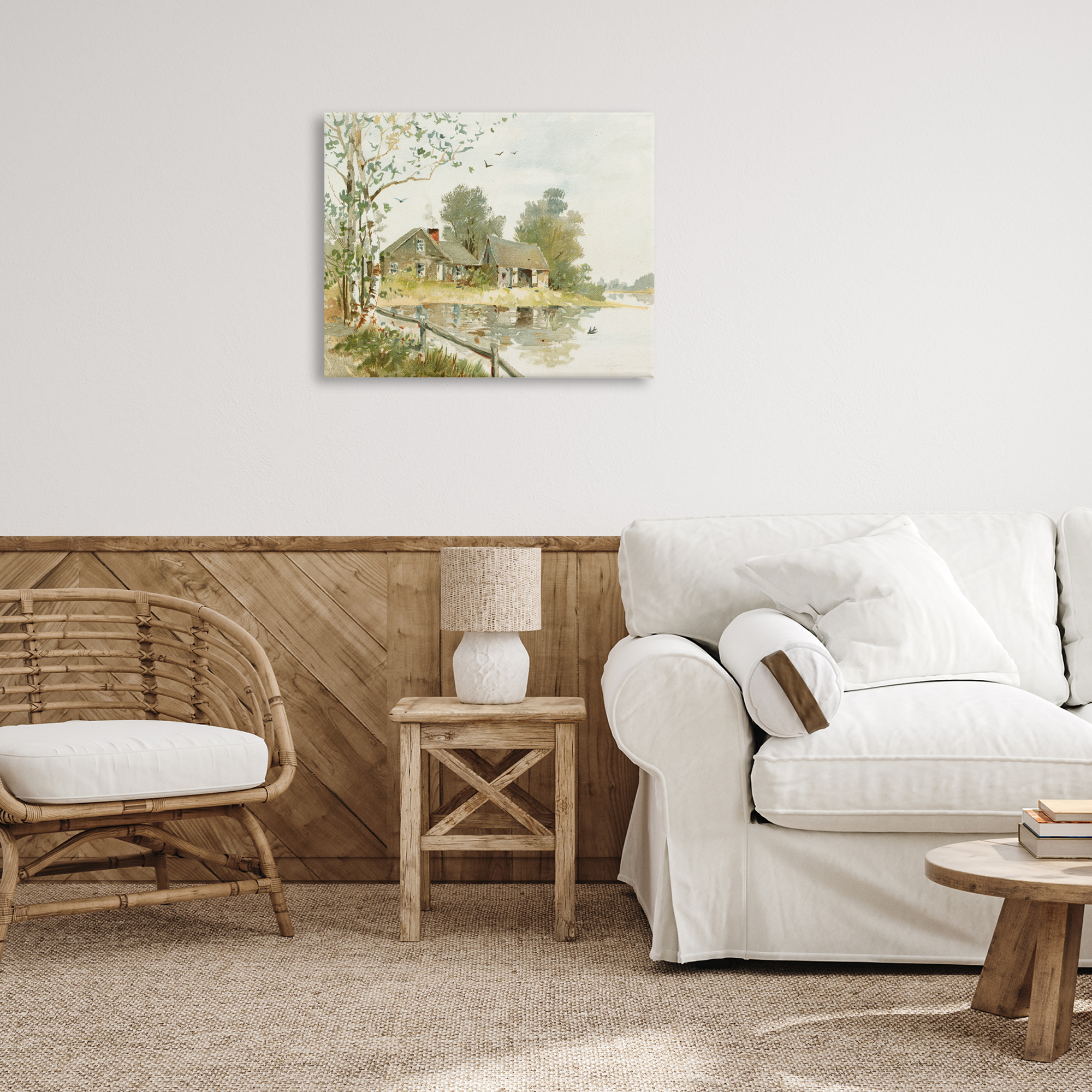 Cabin Along River's Edge Canvas Wall Art, design by Lettered and Lined
