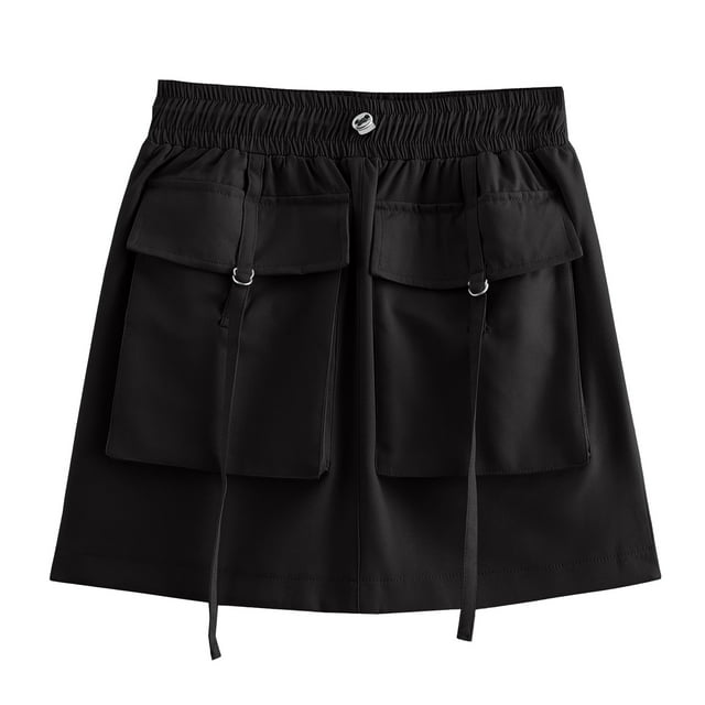 AUNVITO Jupe Courte Décontractée à Multi-Poches pour Femmes, Jupe d'Été Extensible Confortable avec Poches pour Usage Quotidien et Activités Extérieures - Noir