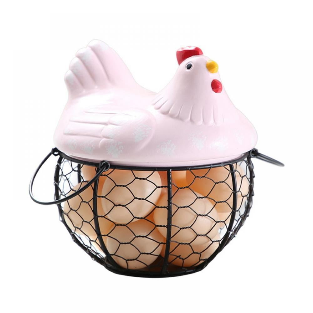 Hiceeden Metal Wire Chicken Egg Storage Basket, Decorative Fresh Egg Holder  with Ceramic Chicken Design Lid, Portable Round Collectiong Basket for