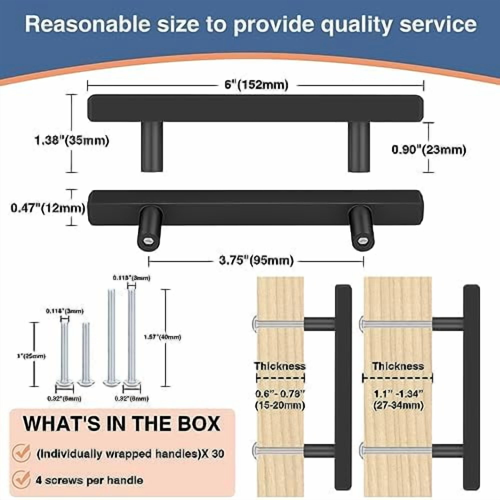 30 Pack 6 inch Square Cabinet Handles Matte Black Drawer Pulls, 3-3/4" Hole Center Kitchen Handles for Cabinet Pulls, Stainless Steel Cabinet Hardware for Bedroom Bathroom Office