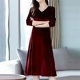 thumbnail image 2 of Robe Midi Ajustée à Manches Longues en Velours Col en V pour Femmes Hiver, 2 of 6