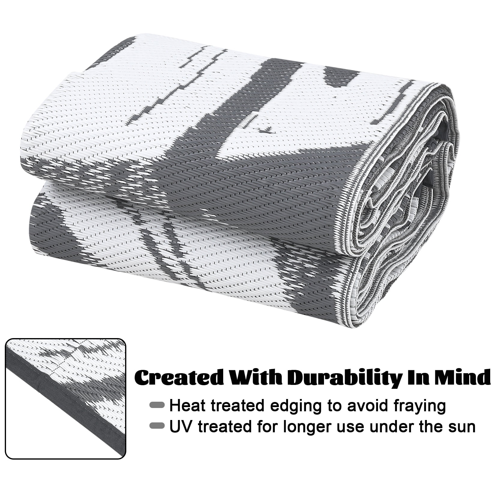 Tzou Waterproof Reversible Outdoor Rug 8 x 10ft Tropical Palm Design, Portable Camping Mat w/Carry Bag & Stakes