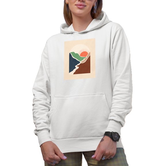 Aesthetic Minimalism Boho Sun & Mountains Art Merch Gift, White Hooded Sweatshirt or Hoodie, Small