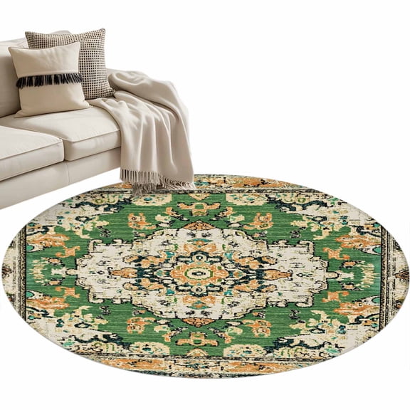 Green Boho Round Area Rug 3 FT, Small Kitchen Bathroom Mat, Farmhouse Tribal Vintage Tribal Texture Washable Indoor Outdoor Throw Runner Carpet Non-Shedding Doormat for Table Shower Sofa Entryway
