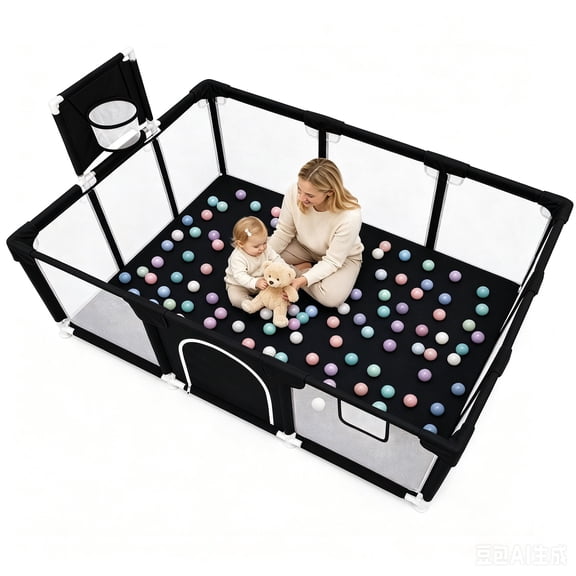 Baby Playpen, HDJ 71 inch Extra Large Baby Playard with Basketball Hoop, Toddlers Play Yard Fence for Indoors Outdoors, Black