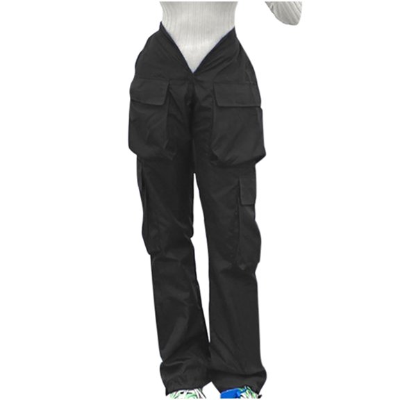 Bigersell Women Bell Buttom Pants Full Length Women's Casual Straight Large Pocket Overalls V-neck Personalized Waist Closing Casual Pants Ladies Patchwork Jeans