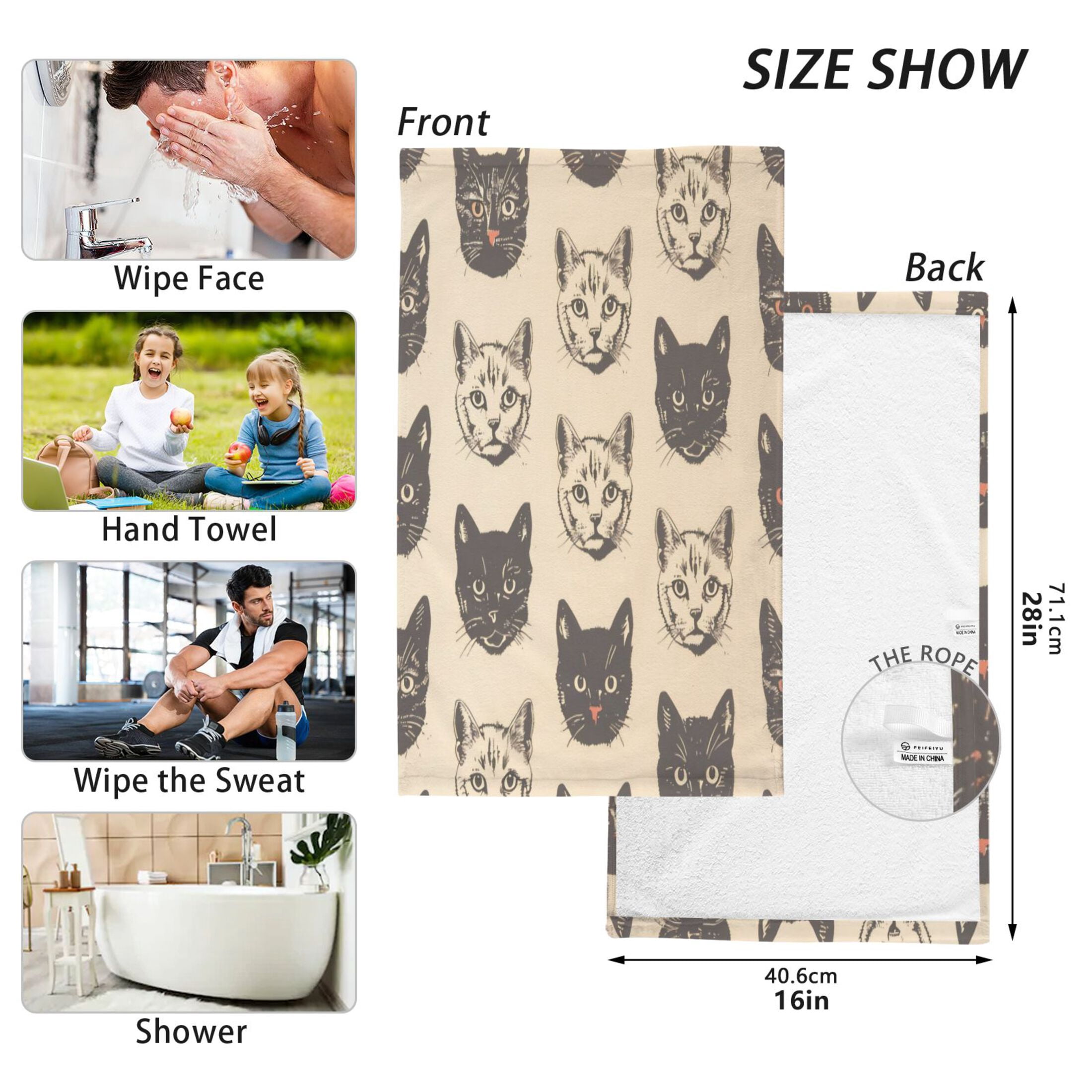 Cotton Towel Two-Piece 16x28 Inch One Sizex2 Face Towel Set Towel Set Cotton Hand Bath Towel Bathroom Beach Black Cat