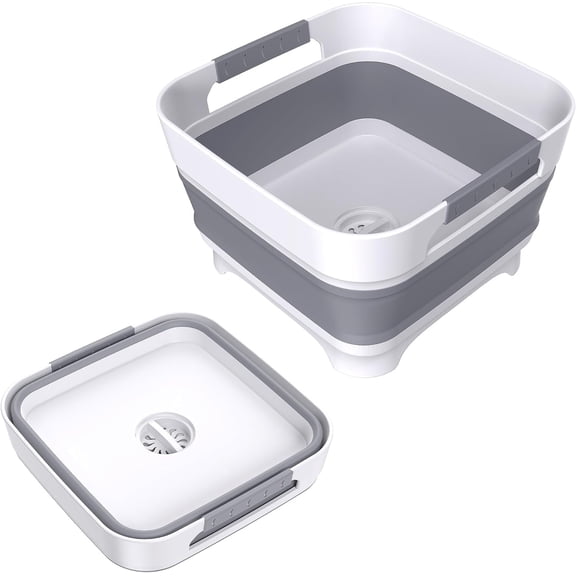 Godance Collapsible Dish Basin with Drain Plug, 9L(2.4Gal) Capacity, Space Saving Multiuse Foldable Sink Tub, Kitchen Storage Tray for Baby Bottle, Vegetable Washing, Camping & RV, Gray