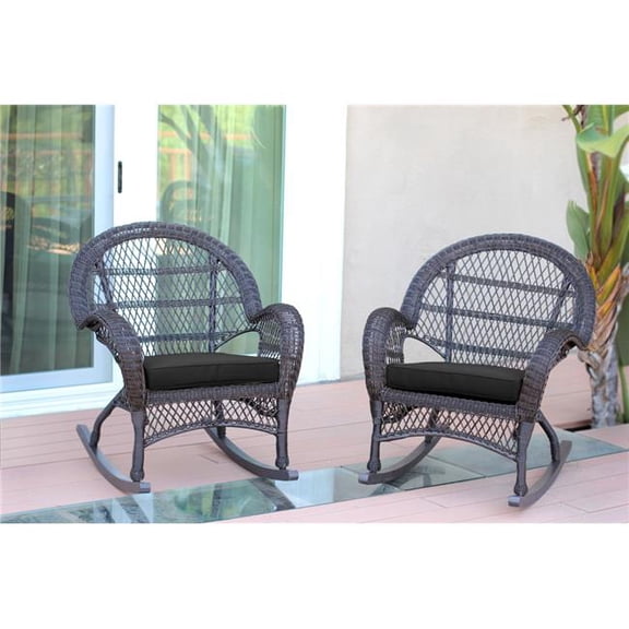 W00208-R-2-FS017-CS Espresso Wicker Rocker Chair with Black Cushion - Set of 2