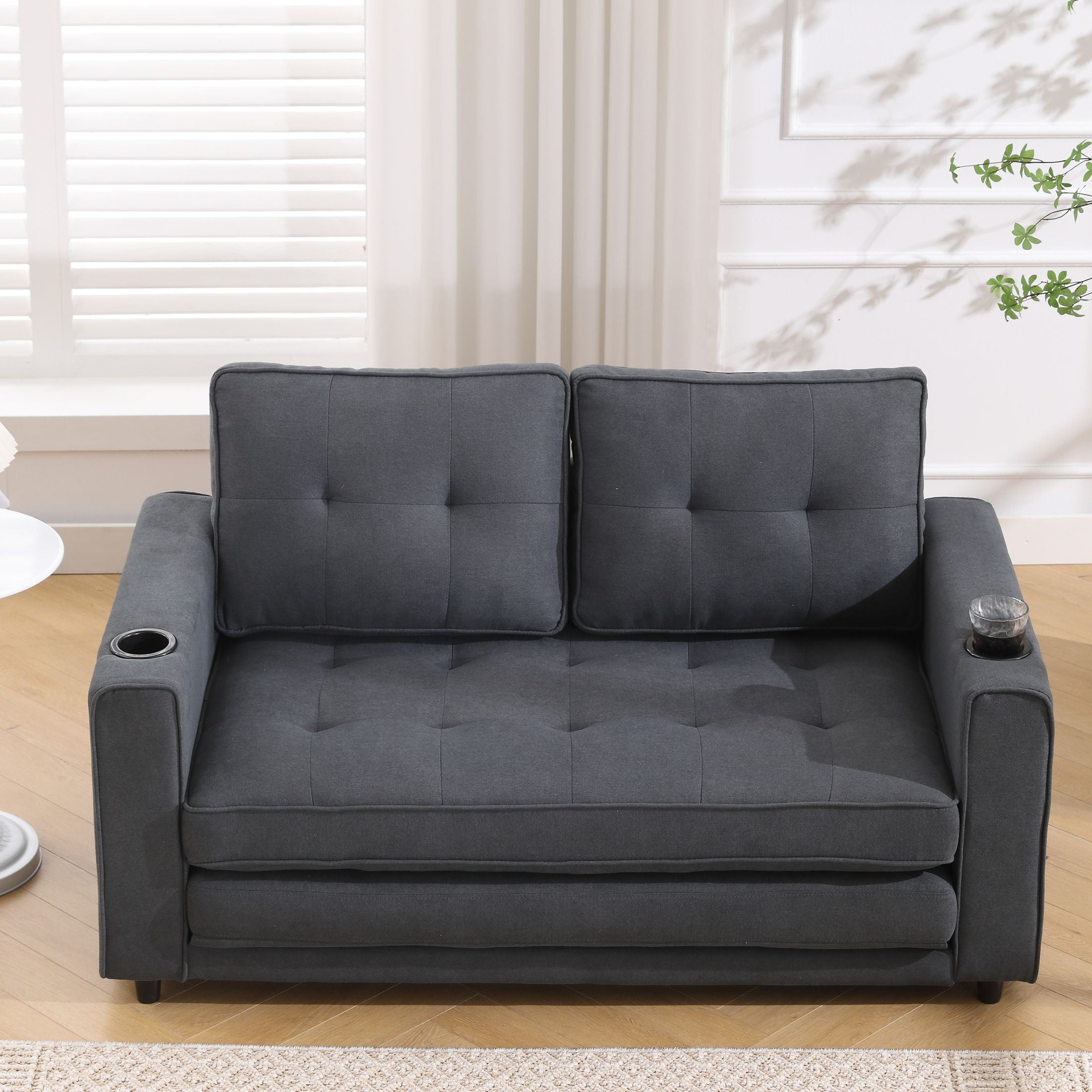UHOMEPRO Convertible Futon Sofa Bed, Pull Out Loveseat Sleeper Sofa with Side Pockets and Cup Holders, Comfy 3-in-1 Foldable Sofa Couch, Upholstered Floor Couch for Living Room Apartment, Dark Gray