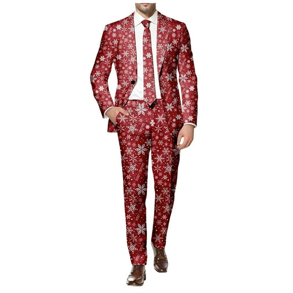 Adult Mens Christmas Suits 2 Piece Snowflake Print One Button Xmas Jacket Blazer And Trousers with Pocket Set Slim Fit Winter Ugly Mens Suits