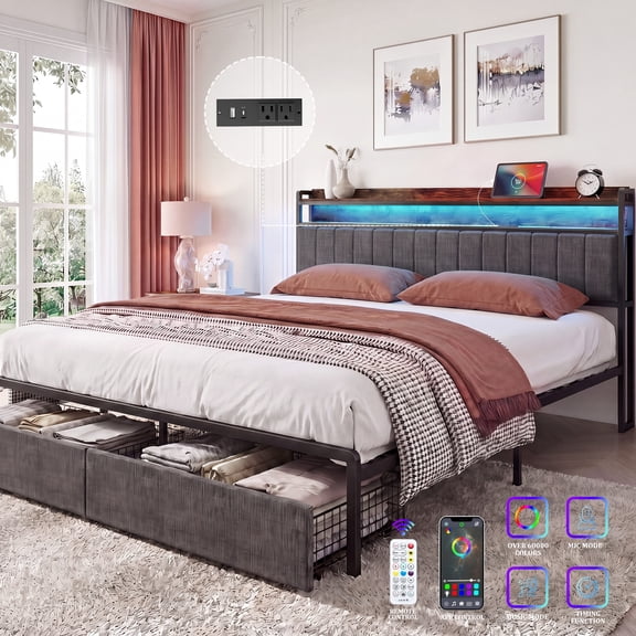 Furnibear LED Queen Bed Frame with Upholstered Storage Headboard and Drawers, LED Platform Bed with Charging Station, No Box Spring Needed