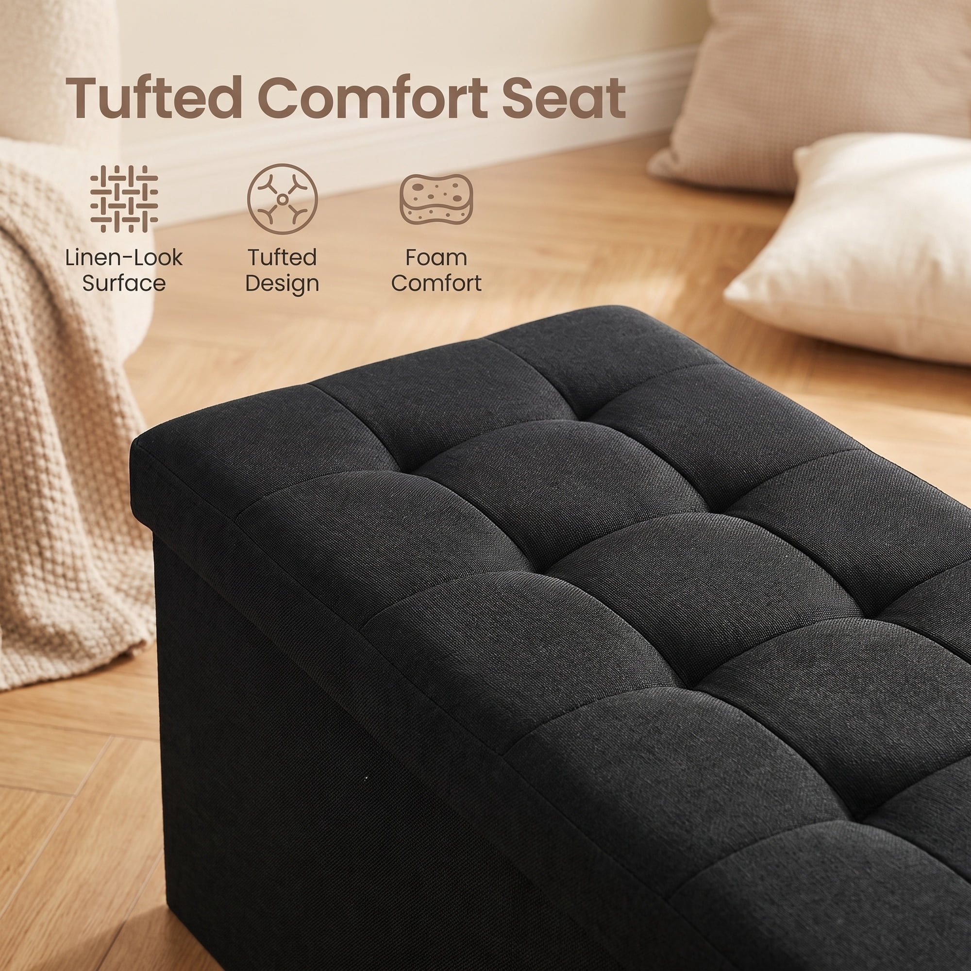 Ledrem Large Foldable Storage Ottoman Bench with Storage, Footrest, Ink Black
