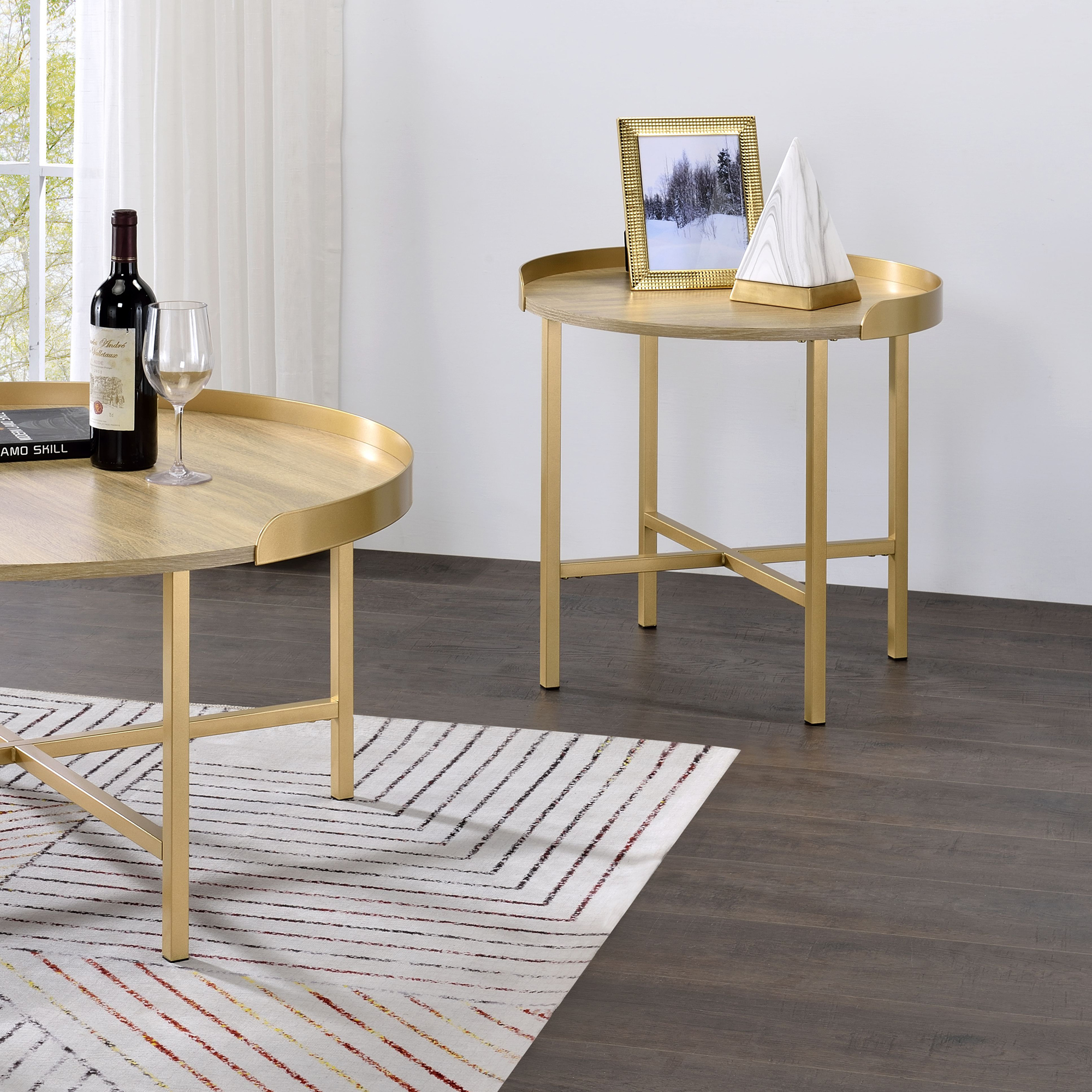 ACME Mithea Round End Table in Oak and Gold - image 3 of 5