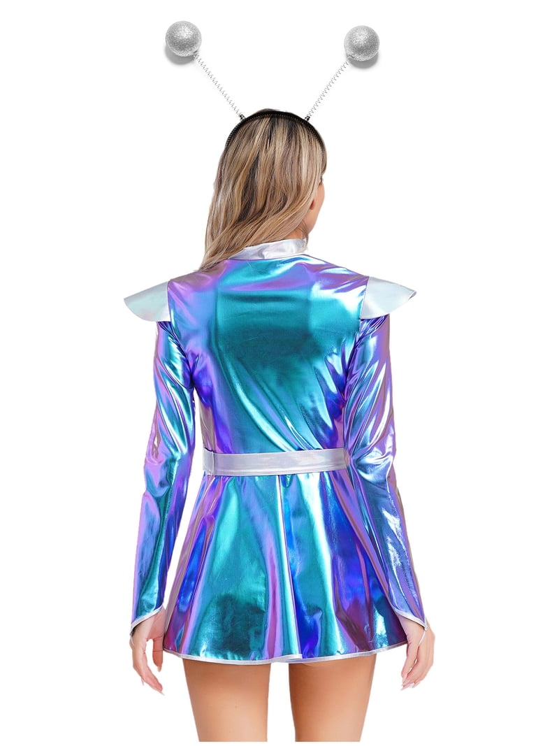 space themed party dress Sholeno Womens Alien Astronaut Dress with Hair Hoop Long Sleeve Metallic  Shiny A-line Dress for Space Themed Party Blue 4XL
