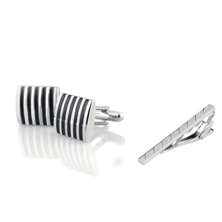 Zodaca Men's Silver Square Black Stripe Cufflinks + Silver Angled Stripes Faceted Tie Clip
