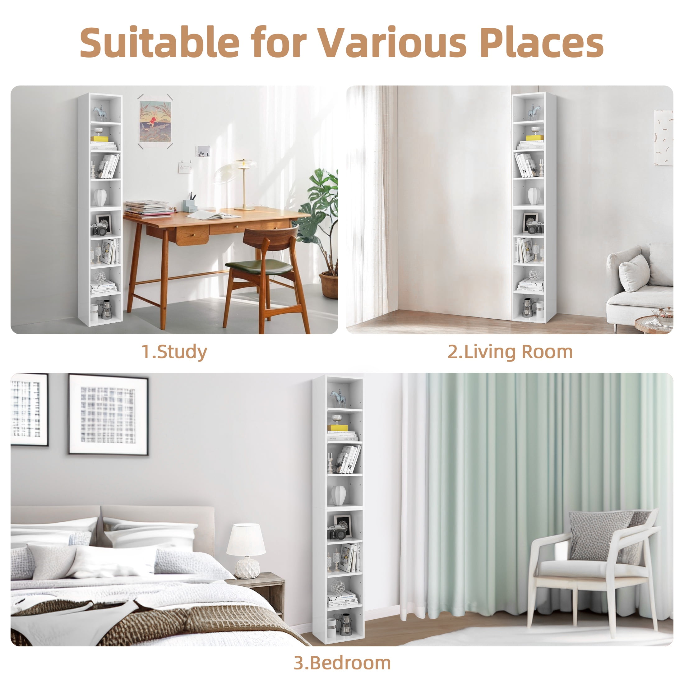 PORKISS 8-Tier White Bookshelf, Wood Open Display Bookshelf with Adjustable Shelves, Tall Narrow Bookcase with Slim Storage, Modern Book Display Shelf Media Tower Rack for Living Room, Home Office