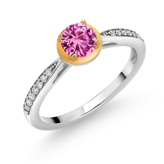Gem Stone King 0.65 Ct Pink Created Sapphire G/H Lab Grown Diamond 925 Silver and 10K Yellow Gold Ring (Size 8)