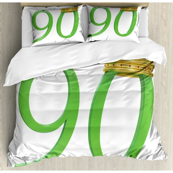90th Birthday Duvet Cover Set, 3D Style Design with Number 90 Queen Crown Celebration Theme Print, Decorative 3 Piece Bedding Set with 2 Pillow Shams, Calking Size, Yellow Green, by Ambesonne
