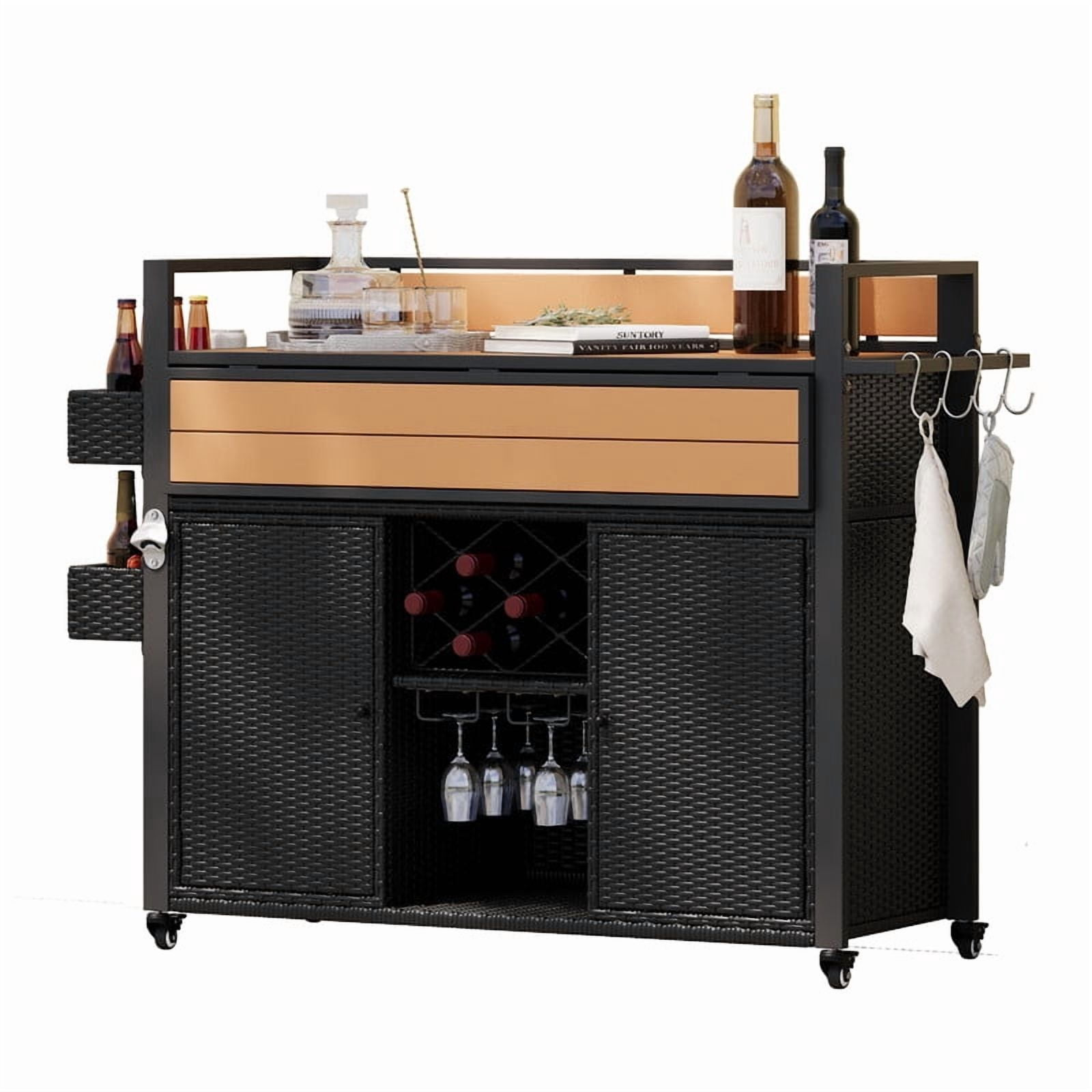 Outdoor Kitchen Island with Extended Plastic Wood Table Top, Wicker Outdoor Grill Cart with Storage Cabinet and Wine Rack for Patio Backyard