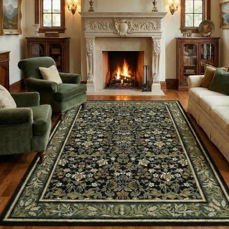 5 x 7 Washable Boho Vintage Area Rug Non Slip Low Pile Stain Resistant Soft Indoor Carpet Green Black