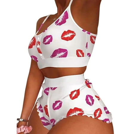 

Grianlook Women Sleepwear Cami Top And Shorts Lounge Set 2 Pieces Outfits Nightwear Ladies Plaid Pajamas Sets Spaghetti Straps Scoop Neck White Red L