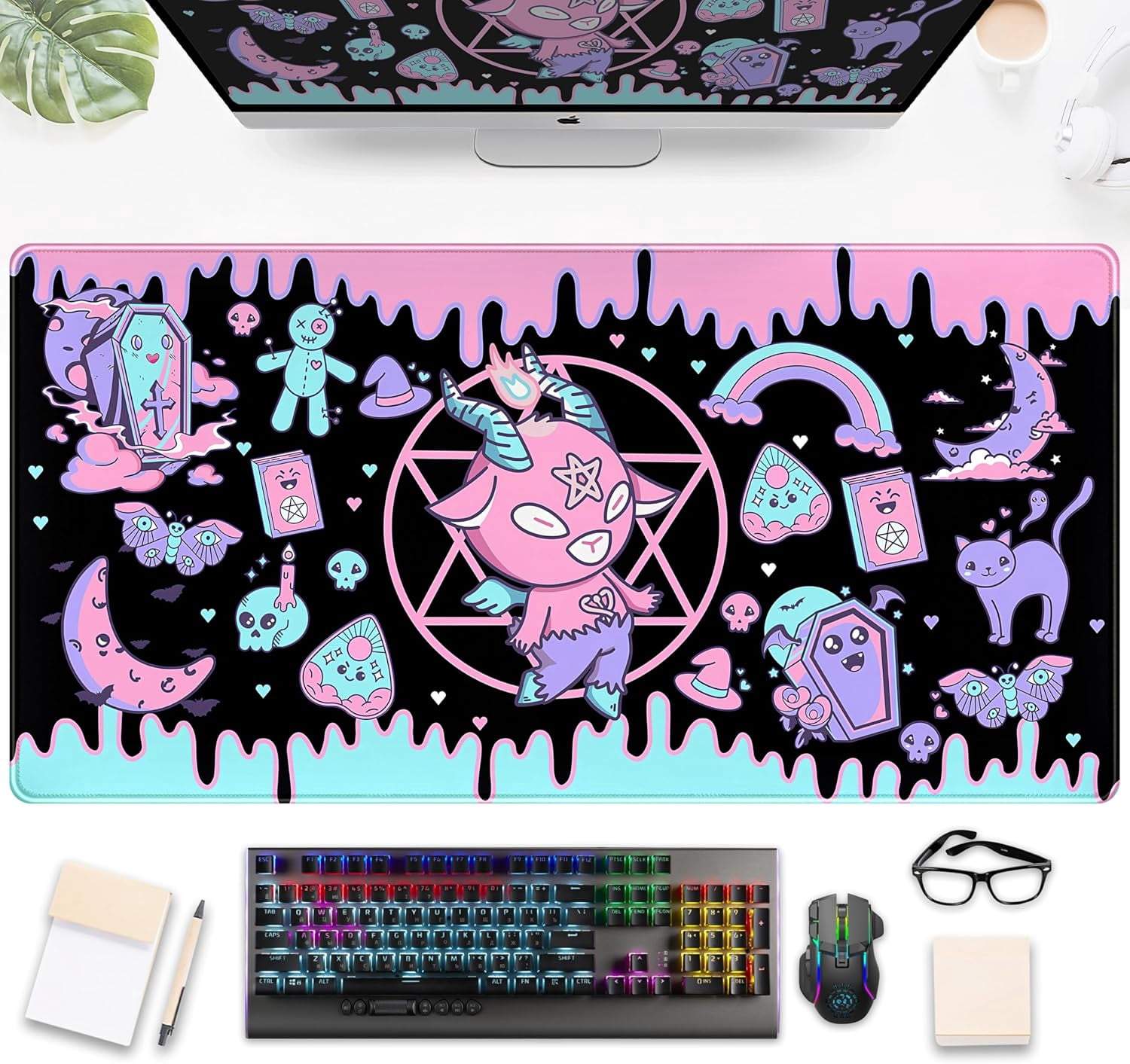 Purple Desk Mat Japanese Desk Pad Cute Fuji Mountain Gaming Mousepad Large, Cherry Blossom Mouse Pad XXL Desk Mats, Kawaii Anime Deskmats Desktop Protector Laptop Keyboard Mat Pad 31.5x15.75 in