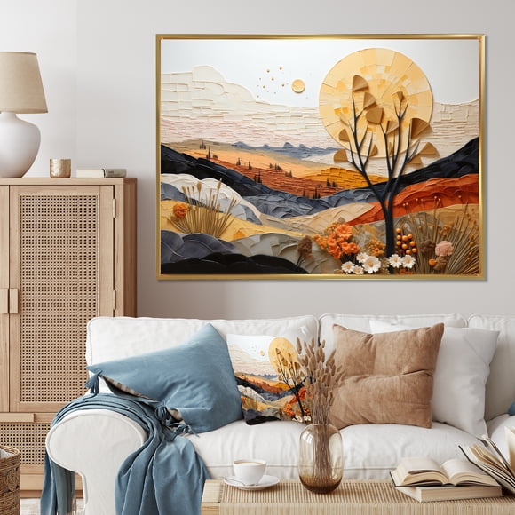 Designart Canyon framed wall Art, Illusion of Canyons I , Canyon Large framed wall art decor, Orange Traditional Gold framed wall art, 44x34 inches Gold Frame