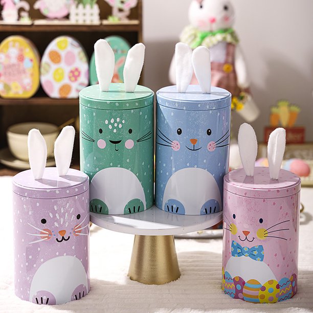 Xihbxyly Caja de Regalo de Conejito de Pascua, Tarro Decorativo de Hierro para Dulces, Lata Reutilizable para Fiestas, Centro de Mesa, Adornos Festivos, Tamaño 16 X 10,5 Cm