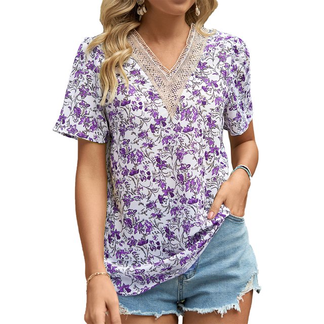 FJUCHAI Chemises Imprimées pour Femmes Été Décontracté Col Rond Manches Courtes Blouses Mignonnes Florales Tops Amples