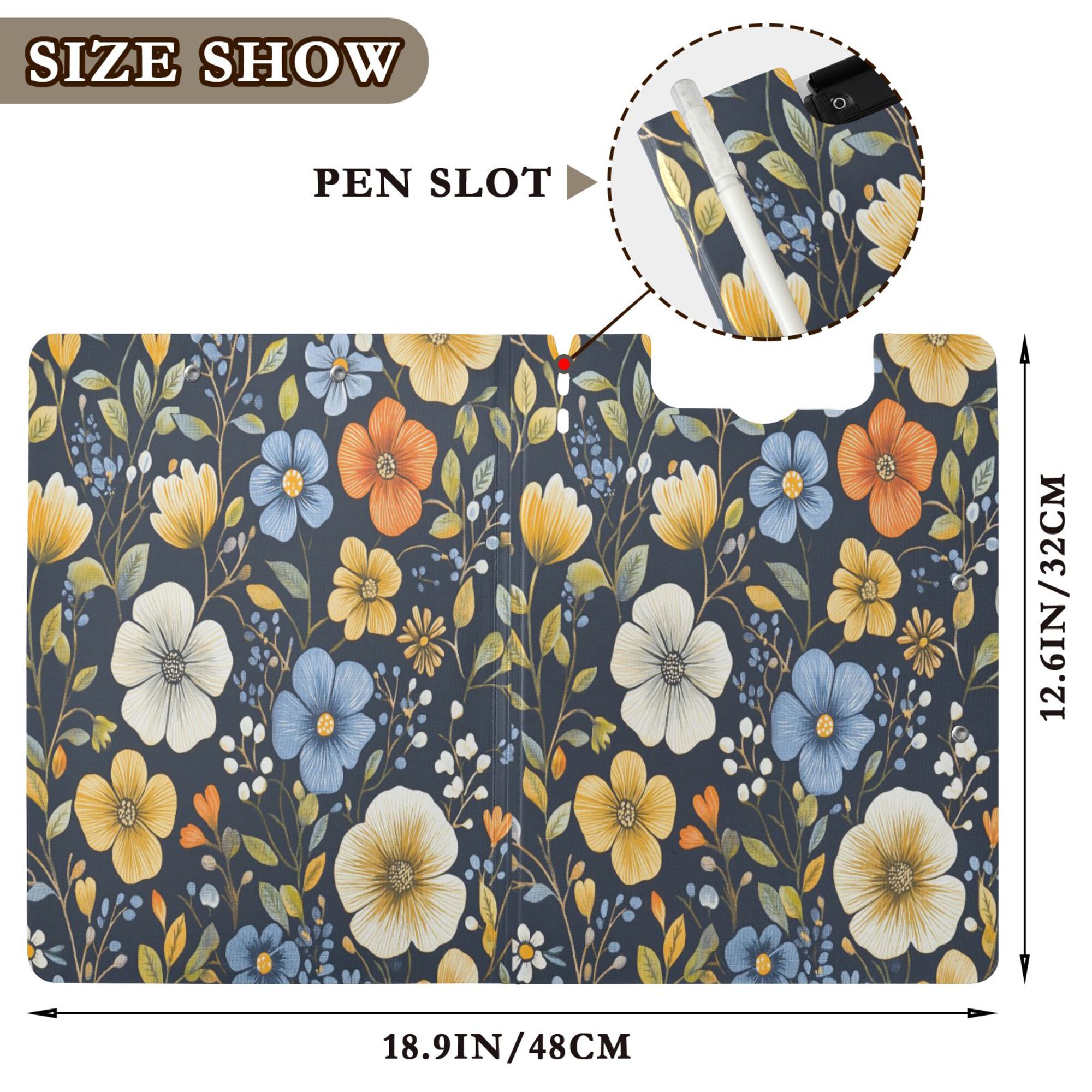 FORMRS A4 Clipboard Folder with Pen Holder Horizontal Foldable School Office Binder, Navy Floral Pattern