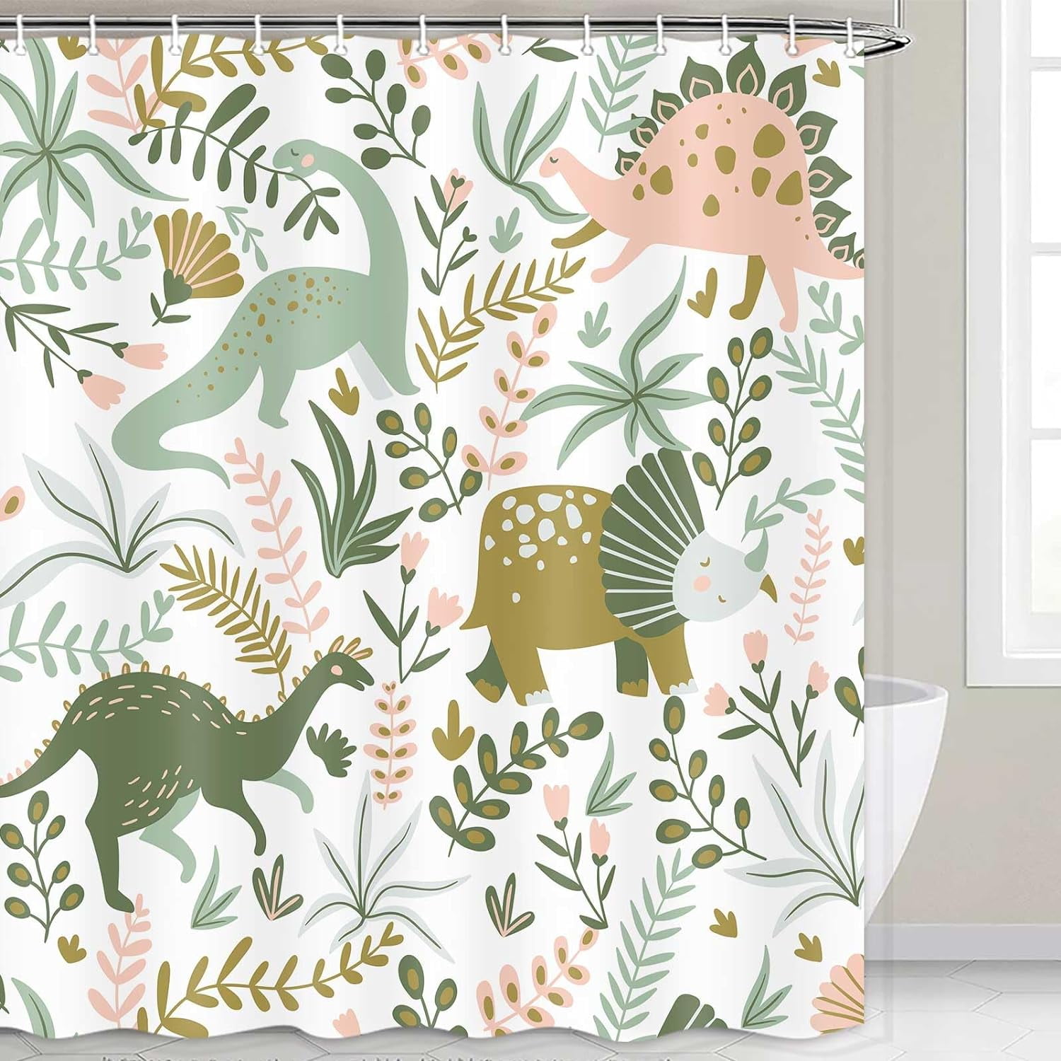 Kids Shower Curtains,Funny Dinosaur Shower Curtains, Cute Dinosaur for Boys Girls, Green Plant Leaf Flowers Colorful Bathroom Decor with Hooks Waterproof Fabric Polyester Bathtub Decorative
